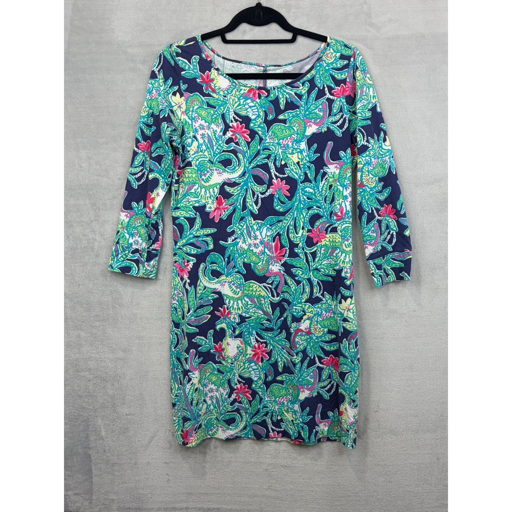 Lilly Pulitzer Marlowe Tshirt Dress Medium Green Floral 3/4 Sleeves Elephant